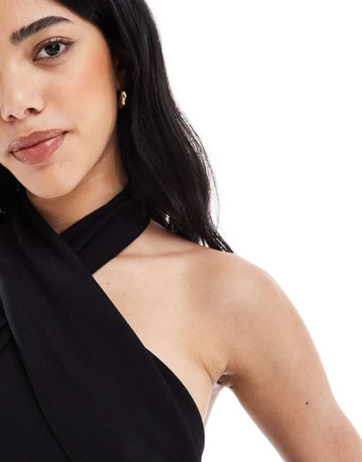 TFNC - Vestito lungo nero in crêpe allacciato al collo con spacco sulla coscia, 4 di 4