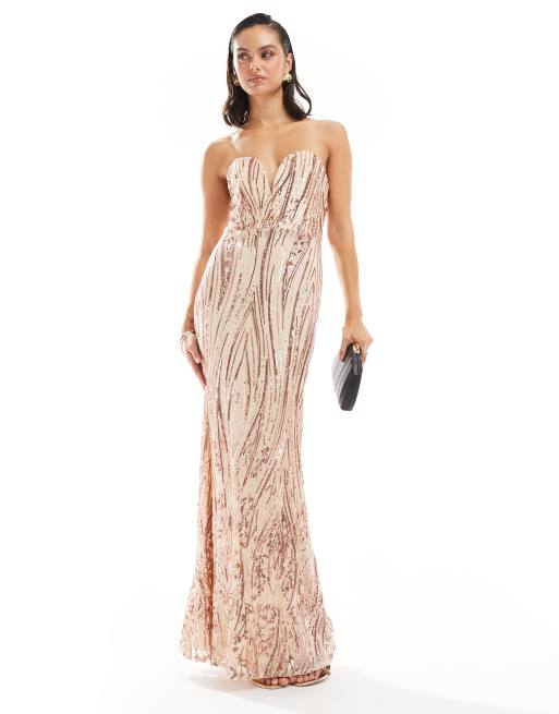 TFNC - Vestito lungo oro senza spalline con paillettes