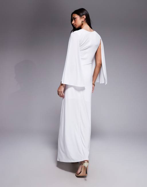 TFNC - Vestito lungo sinuoso color avorio con maniche a mantella e arricciature laterali, 4 di 4