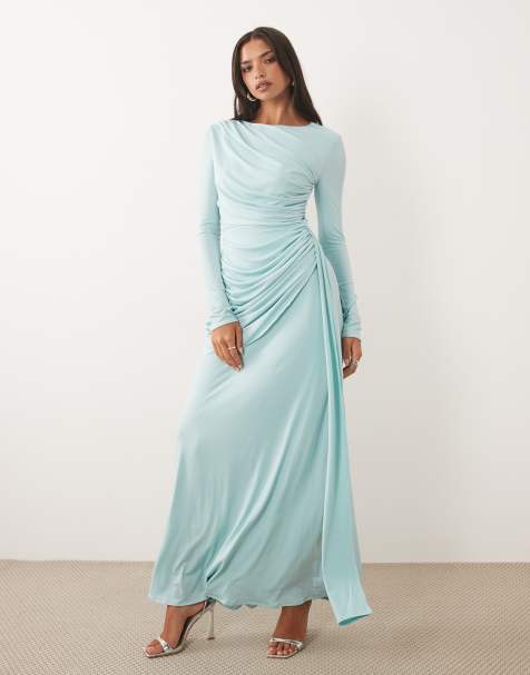 TFNC - Vestito lungo sinuoso drappeggiato con gonna a ruota arricciata azzurro chiaro - view 1