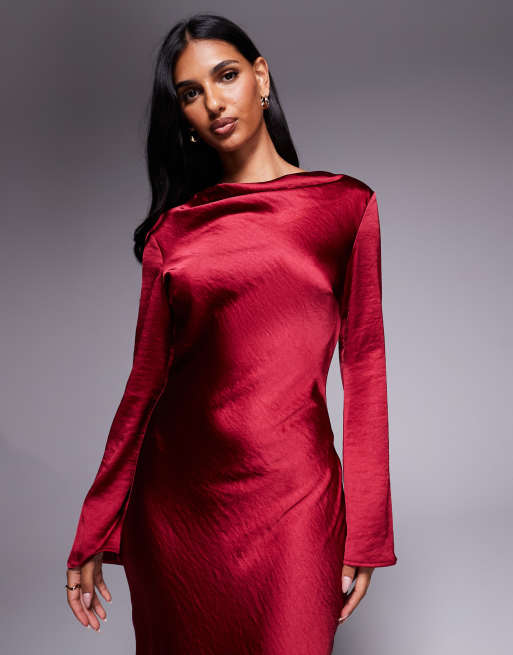 Abiti Aderenti Tubino Rosso Maniche Lunghe TFNC Vestito Lungo