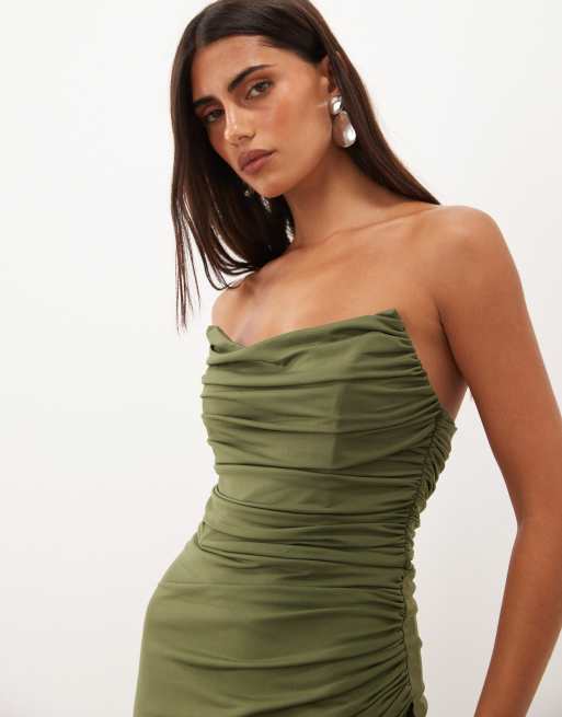TFNC vestito maxi a fascia in pizzo con spacco, color khaki, 2 di 4