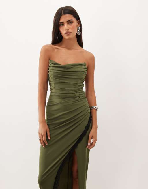TFNC vestito maxi a fascia in pizzo con spacco, color khaki, 3 di 4