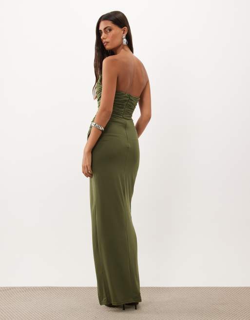 TFNC vestito maxi a fascia in pizzo con spacco, color khaki, 4 di 4