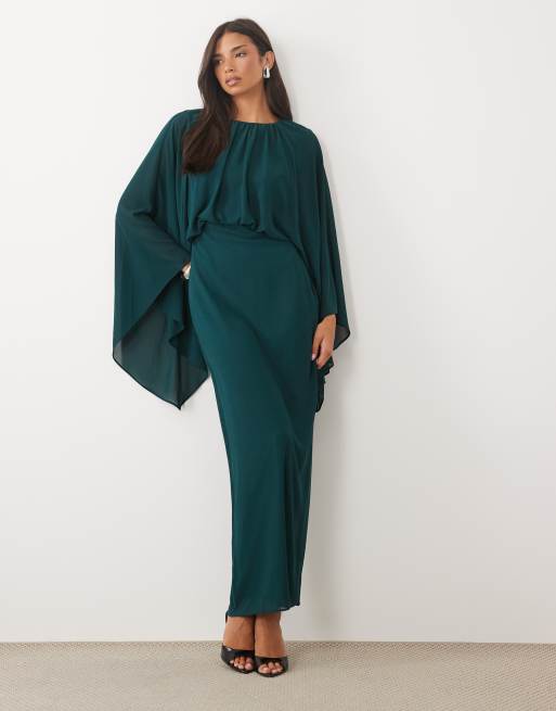 TFNC vestito maxi in chiffon con dettaglio mantella blu petrolio scuro