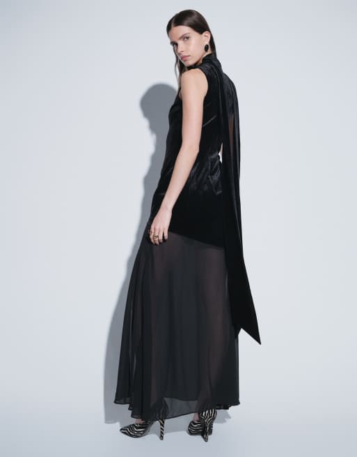 TFNC vestito maxi in velluto con apertura a goccia nero, 3 di 8