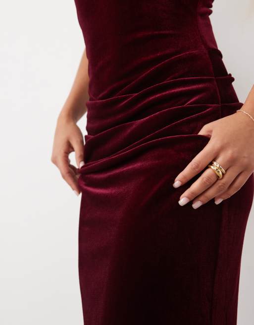 TFNC vestito maxi in velluto con collo alto e dorso a vogatore bordeaux, 2 di 4