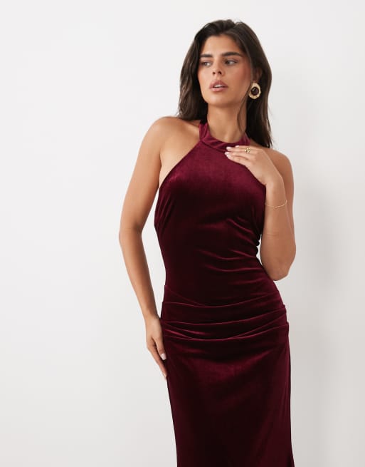 TFNC vestito maxi in velluto con collo alto e dorso a vogatore bordeaux, 3 di 4