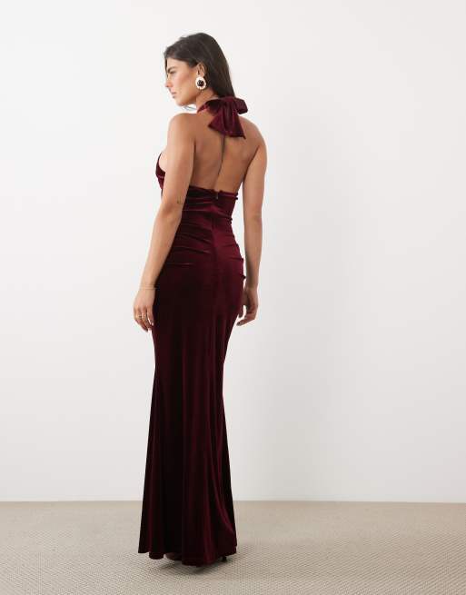 TFNC vestito maxi in velluto con collo alto e dorso a vogatore bordeaux, 4 di 4
