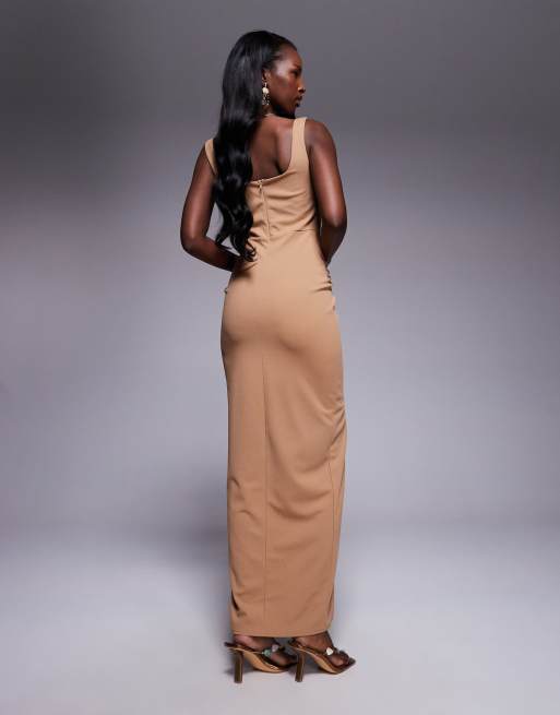 TFNC - Vestito midi a corsetto color mocha con nodo sul davanti, 4 di 4