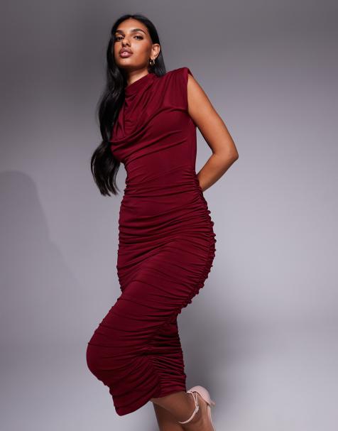 TFNC - Vestito midi accollato color ciliegia con spalline imbottite - view 1