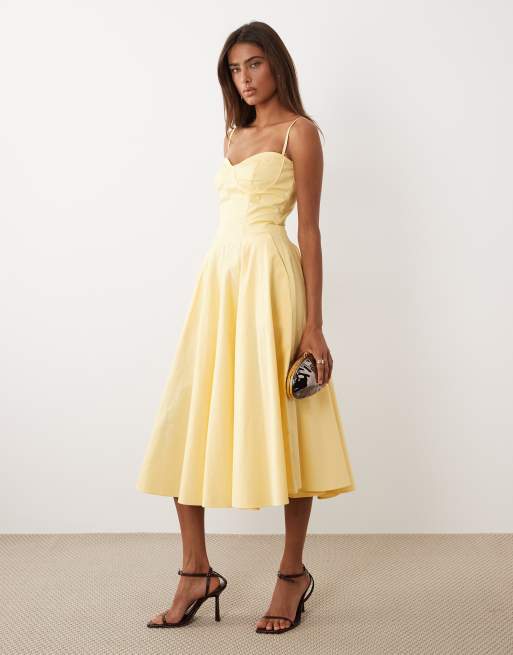 TFNC - Vestito midi con spalline sottili in cotone giallo con dettaglio stile corsetto