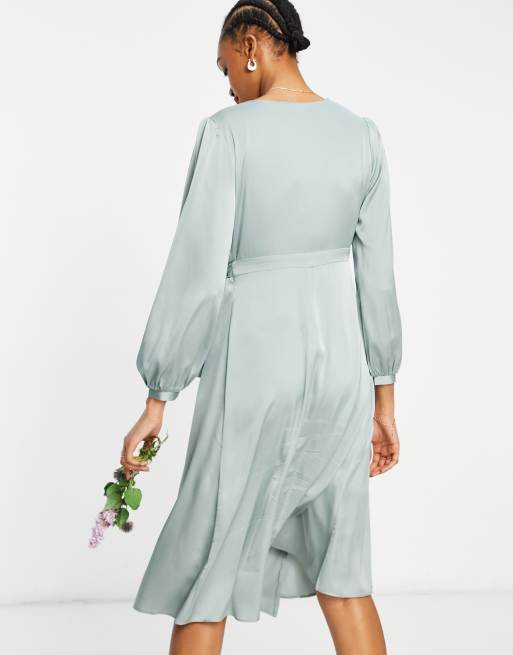 TFNC - Vestito midi da damigella a maniche lunghe in rasatello verde salvia con cintura , 2 di 4