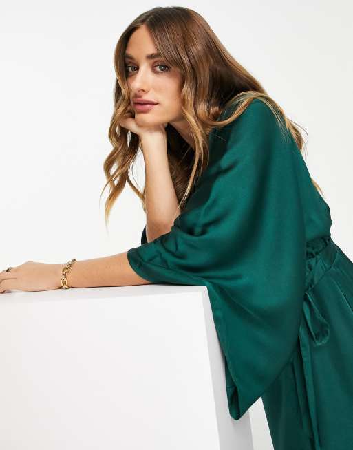 TFNC - Vestito midi da damigella avvolgente in raso verde smeraldo con maniche stile kimono, 4 di 4