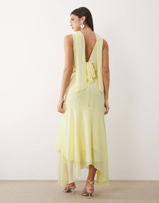 TFNC - Vestito midi da damigella giallo burro con scollo ad anello allacciato, 2 di 4