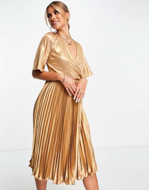 TFNC - Vestito midi in raso oro a pieghe
