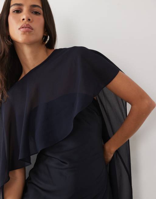 TFNC vestito mini a fascia in raso con mantella in rete navy, 4 di 4