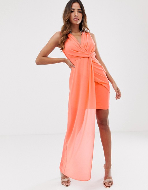 TFNC wrap front dress with asymmetric hem in coral