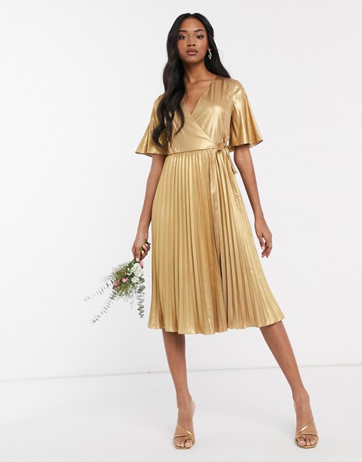 TFNC wrap front pleated midi dress in gold