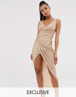 Tfnc Wrap Front Sequin Maxi Dress In Rose Gold