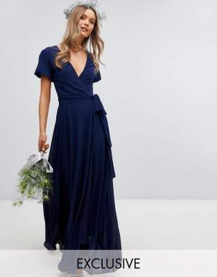 tfnc wrap front maxi bridesmaid dress with tie back