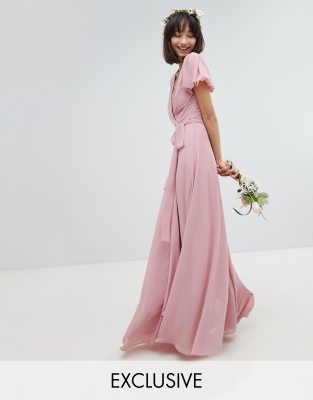 tfnc wrap front maxi bridesmaid dress with tie back