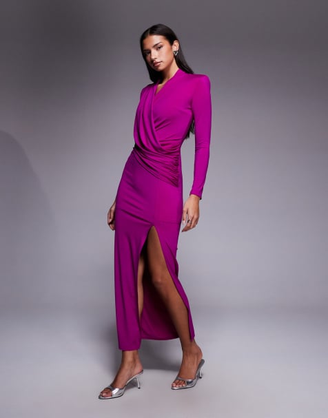 TFNC slinky wrap top thigh split maxi dress in deep fuchsia pink