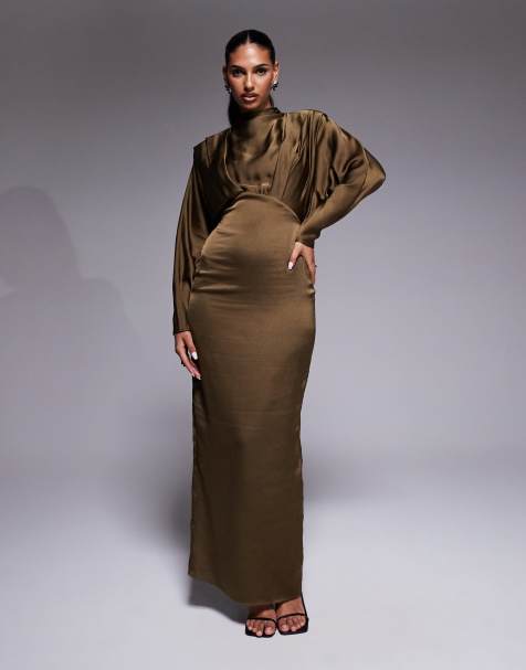 TFNC Ziya satin high neck foldover detail maxi dress in olive