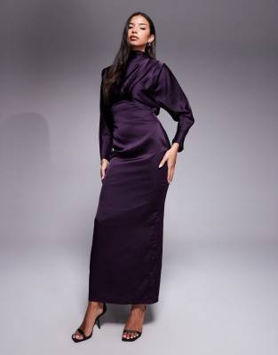 TFNC TFNC Ziya satin high neck foldover detail maxi dress in plum-Purple