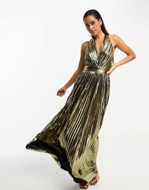 TFNC halterneck pleated maxi dress in gold 