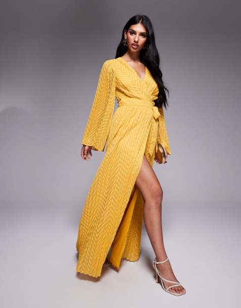TFNC jacquard pleated wrap maxi dress in marigold