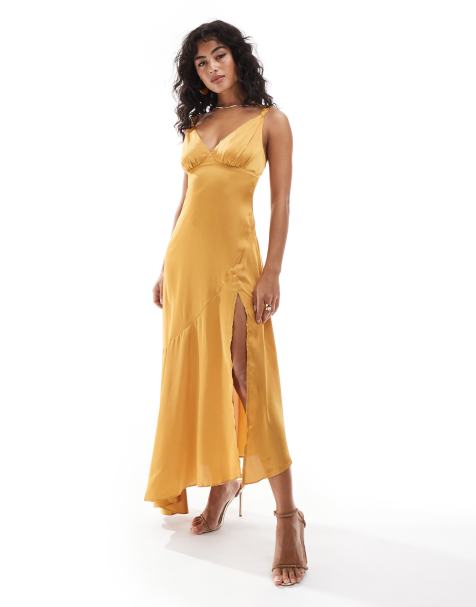 TFNC satin maxi dress with panelled skirt in marigold