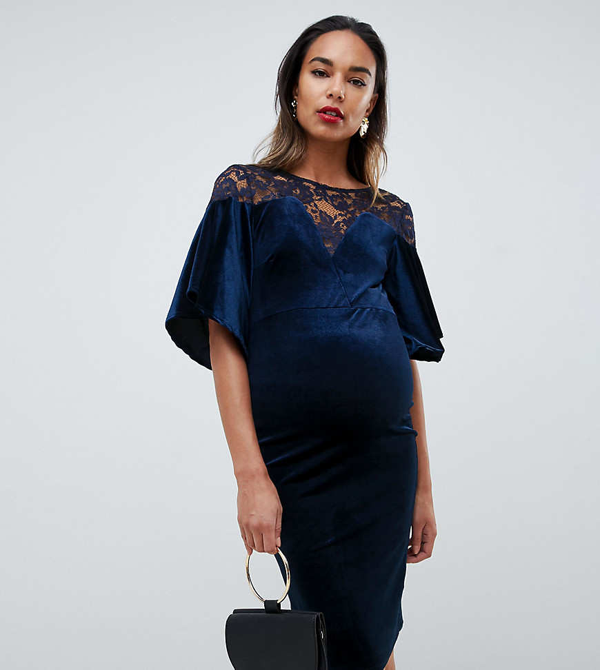 TFNC - Zwangerschapskleding - Halflange fluwelen bodycon-jurk met kanten inzetstuk in marineblauw