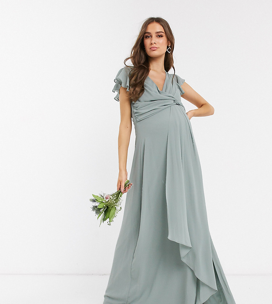 TFNC - Zwangerschapsklleding - Lange jurk voor bruidsmeisjes met fladdermouwen en ruchedetail in saliegroen