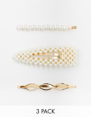 Assorted Pearl Hair Clips 3pk-White