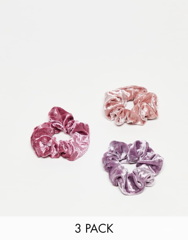 The Basik Edition Crushed Velvet Scrunchies 3pk in Pink and Purple