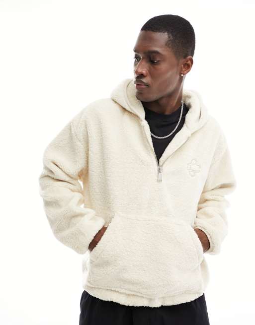 Mens Fuzzy Sherpa Fleece Hoodie Jacket Half-zip Cardigans Coat with Pockets