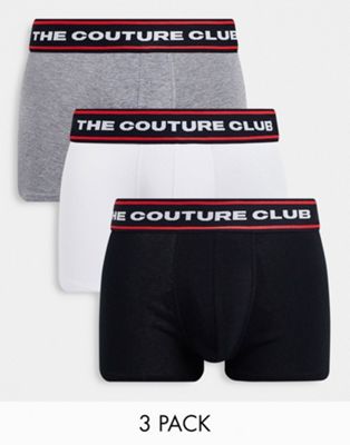The Couture Club 3 pack boxers with red tipping in black white grey