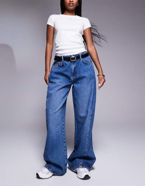 The Couture Club adjustable pleat detail wide leg jeans in vintage blue wash - view 1