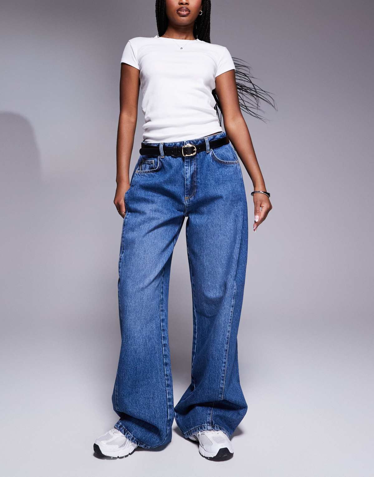 The Couture Club adjustable pleat detail wide leg jeans in vintage blue wash