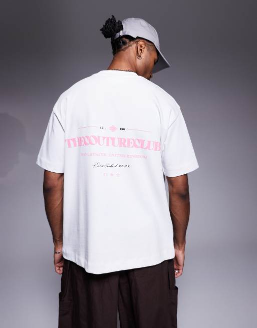 The Couture Club – Biały T-shirt oversize z różowym nadrukiem z logo z przodu i na plecach