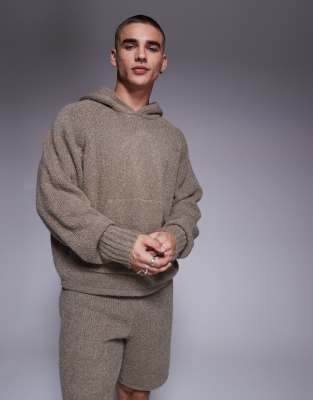 boucle knit hoodie in brown - part of a set-Gray