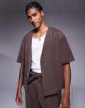 [The Couture Club] The Couture Club boxy collarless shirt co-ord in brown S BROWN