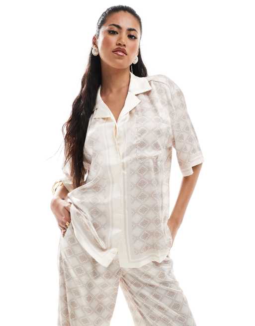The Couture Club - Camicia a maniche corte beige con logo in coordinato