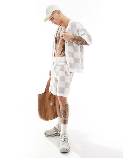 The Couture Club - Camicia in maglia a quadri bianco sporco in coordinato