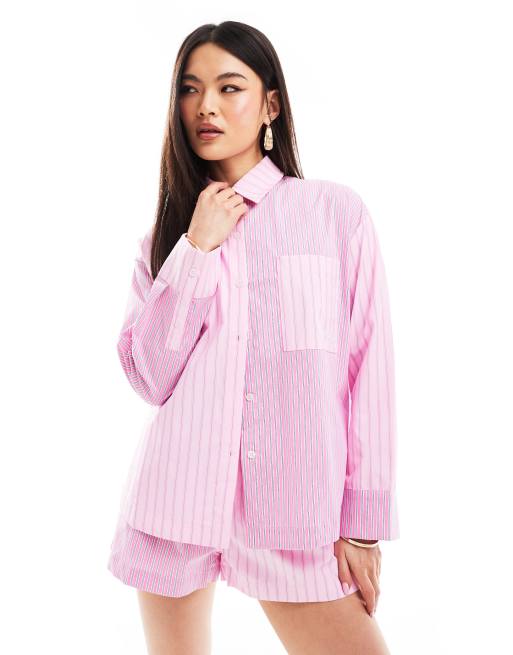 The Couture Club - Camicia rosa a righe con design combinato in coordinato