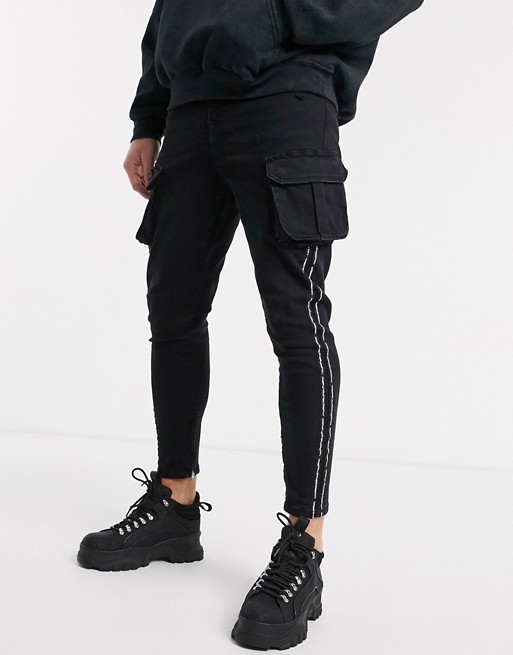The Couture Club cargo tape distressed jeans in washed black