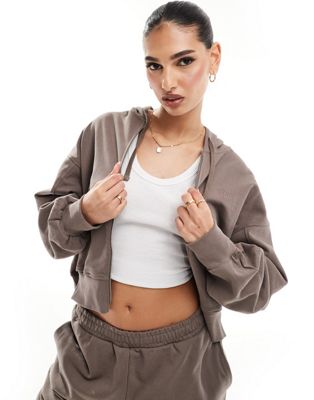 The Couture Club co-ord emblem relaxed zip through hoodie in brown