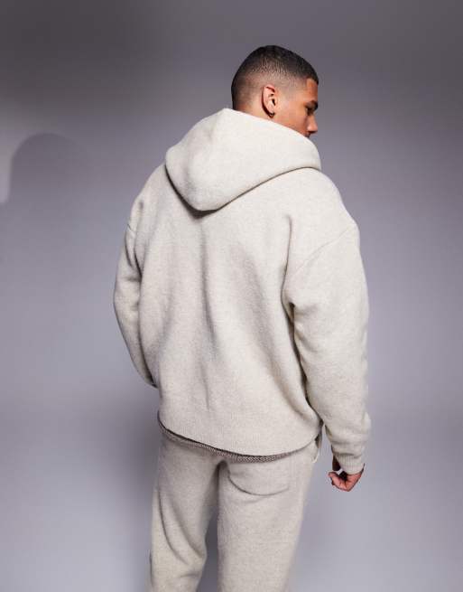 The Couture Club co ord fluffy knit emblem zip through hoodie in beige ASOS