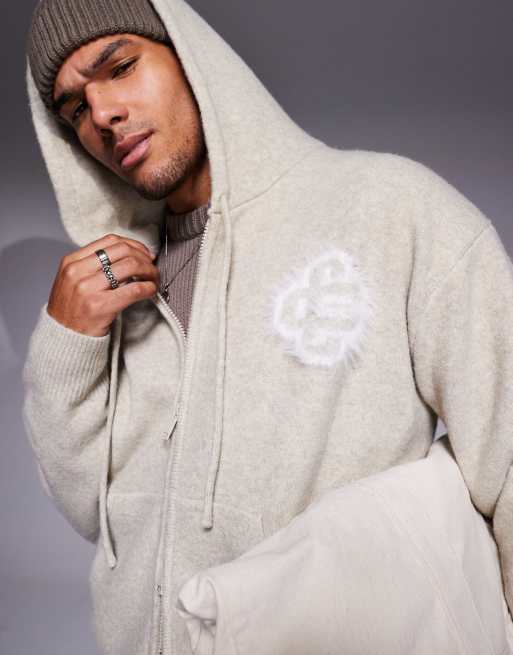 The Couture Club co ord fluffy knit emblem zip through hoodie in beige ASOS